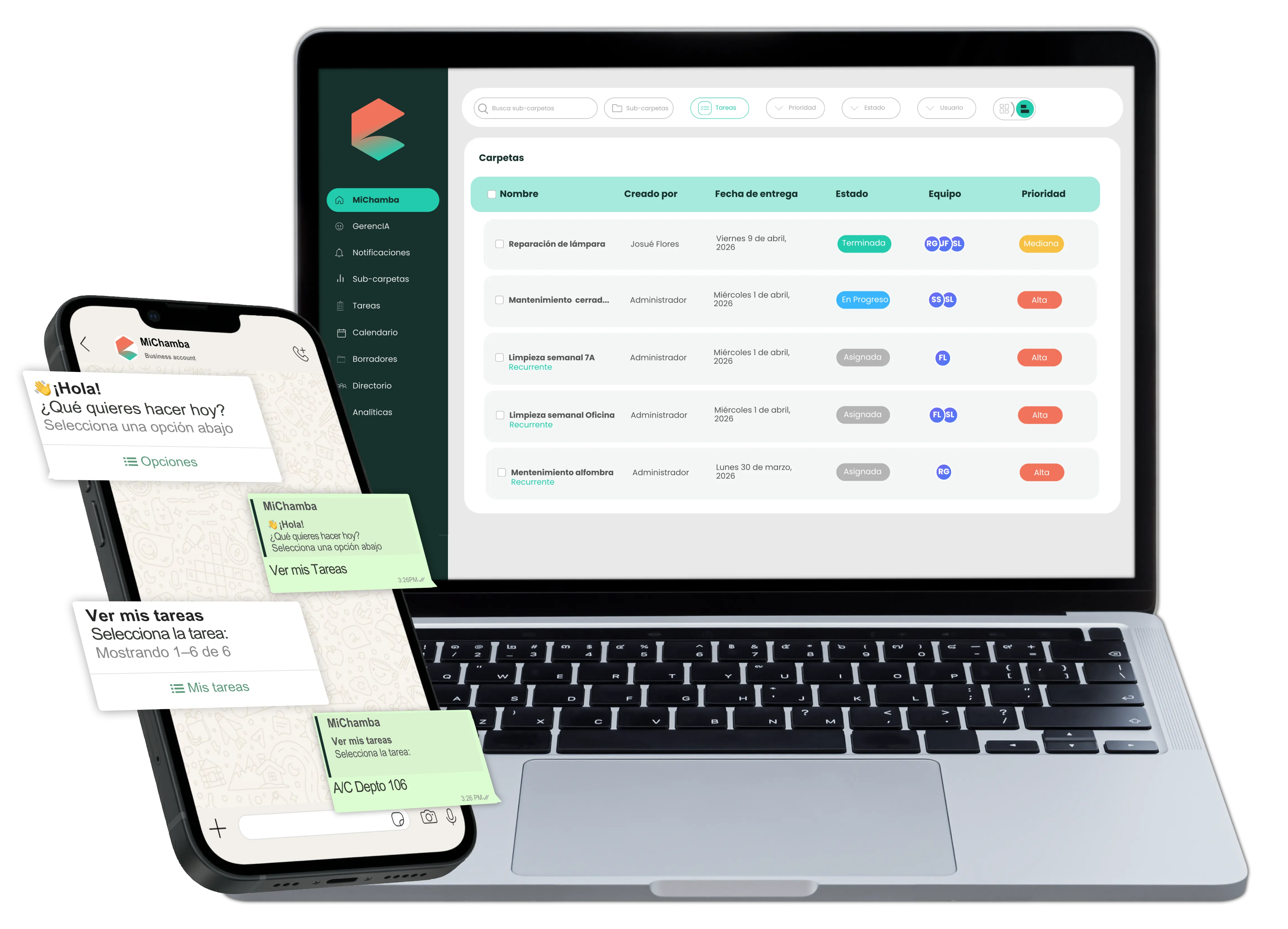 MiChamba app interface showing task management in WhatsApp